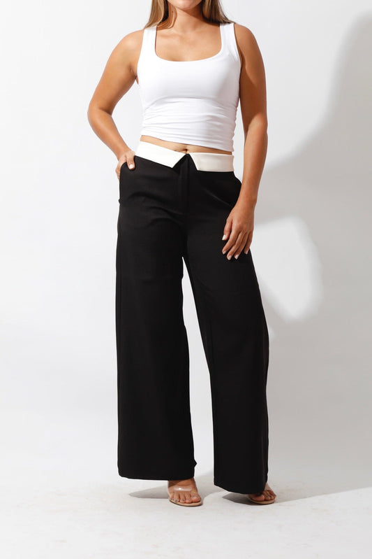 Reversed Waistband Wide Leg Pants - Black-0