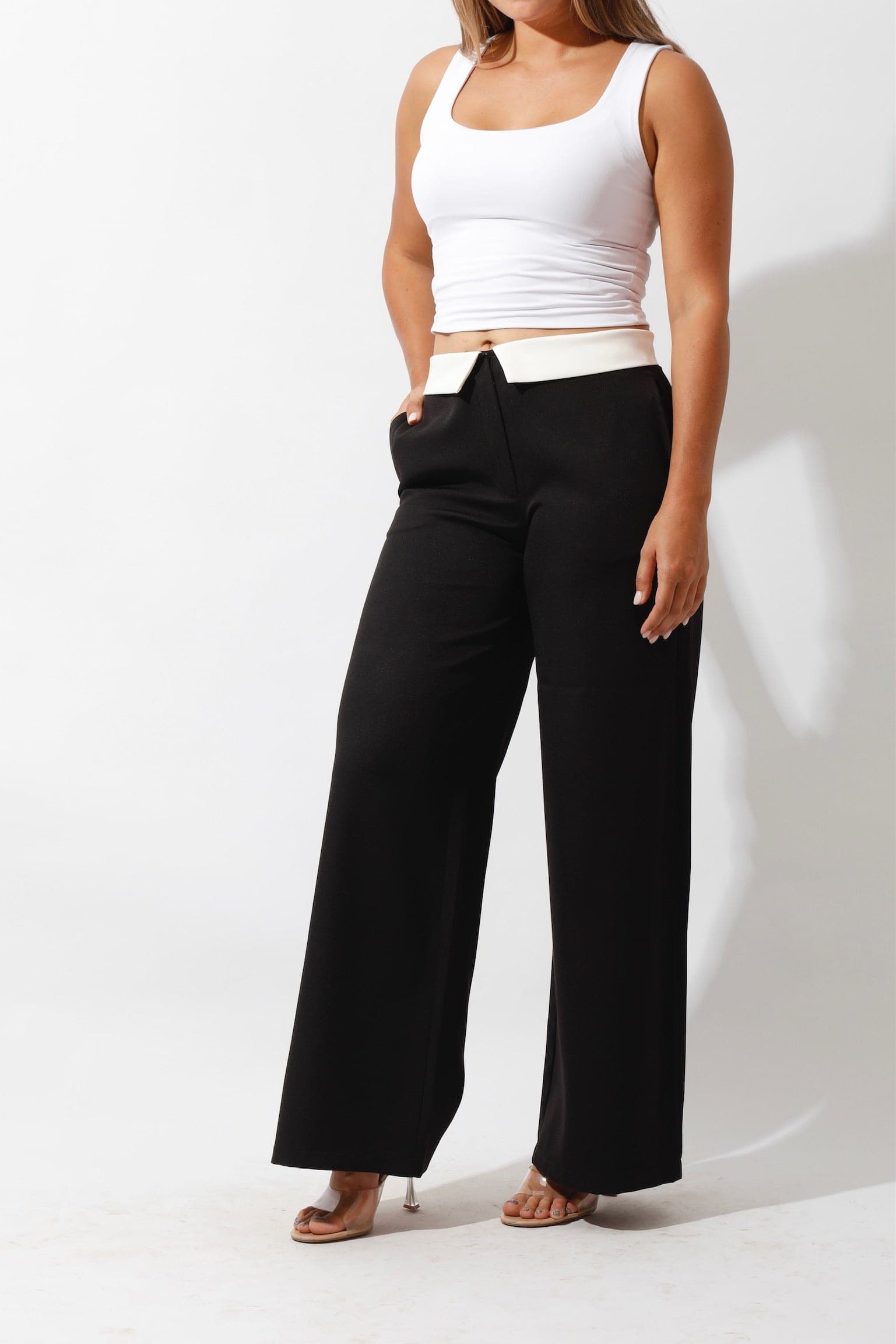 Reversed Waistband Wide Leg Pants - Black-1