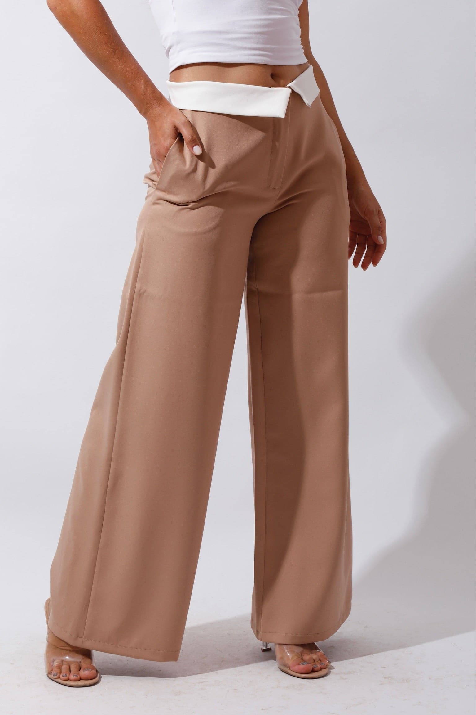 Reversed Waistband Wide Leg Pants - Beige-0