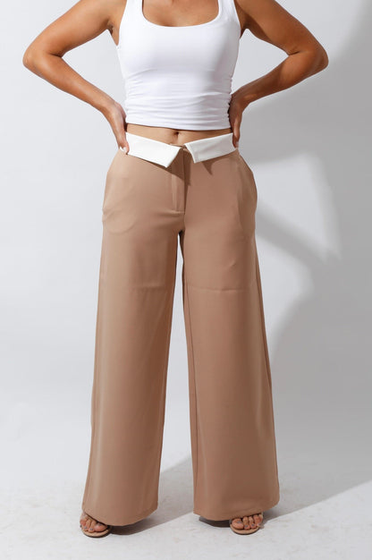 Reversed Waistband Wide Leg Pants - Beige-1