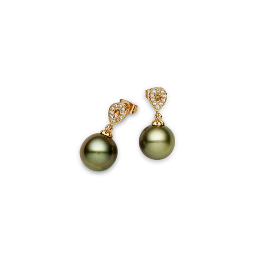 Tahitian South Sea Pistachio Pearls Rosehill Dangling Earrings 11-12 mm AA-0