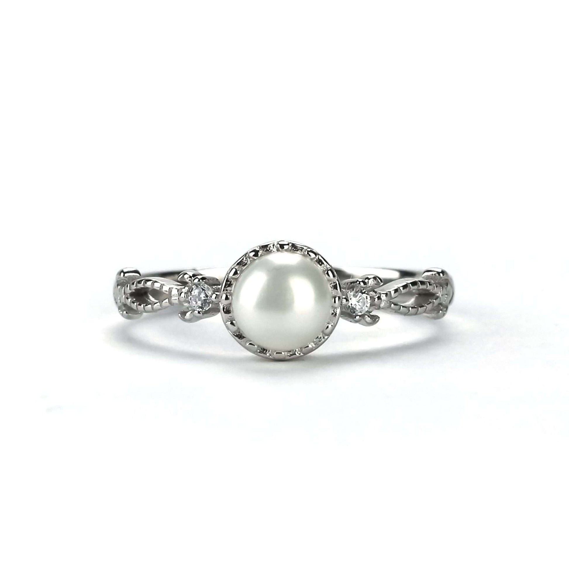 Freshwater Button Shape White Pearls Kensington Ring 5 mm AAAA-0