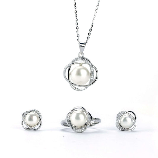 Freshwater White Button Shaped Pearl Mandurah Jewellery Set 6-9 mm AAAA-0