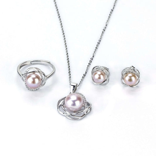 Freshwater Purple Button Shaped Pearl Mandurah Jewellery Set 6-9 mm AAAA-0