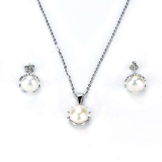 Freshwater White Button Shaped Pearl Butler Jewellery Set 8-9 mm AAAA-0