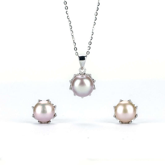 Freshwater Purple Button Shaped Pearl Butler Jewellery Set 8-9 mm AAAA-0