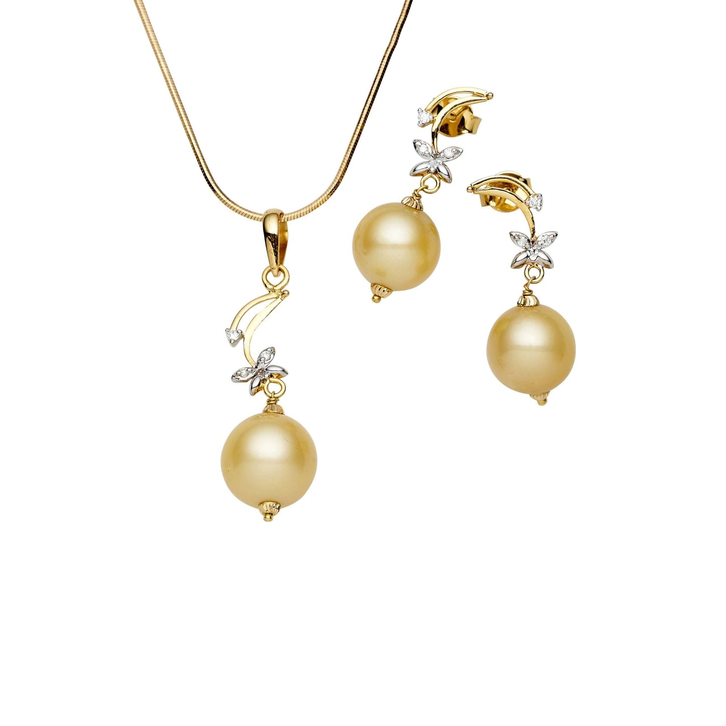 South Sea Gold Pearls Honeyeater Diamond Set in 14ct Gold Set 12-13 mm AAA-0