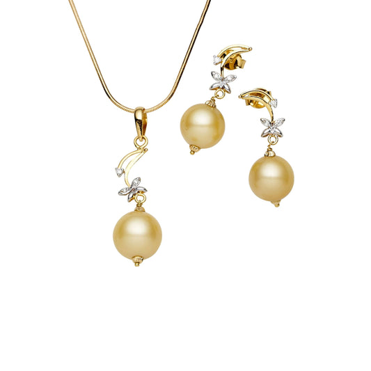 South Sea Gold Pearls Honeyeater Diamond Set in 14ct Gold Set 12-13 mm AAA-0