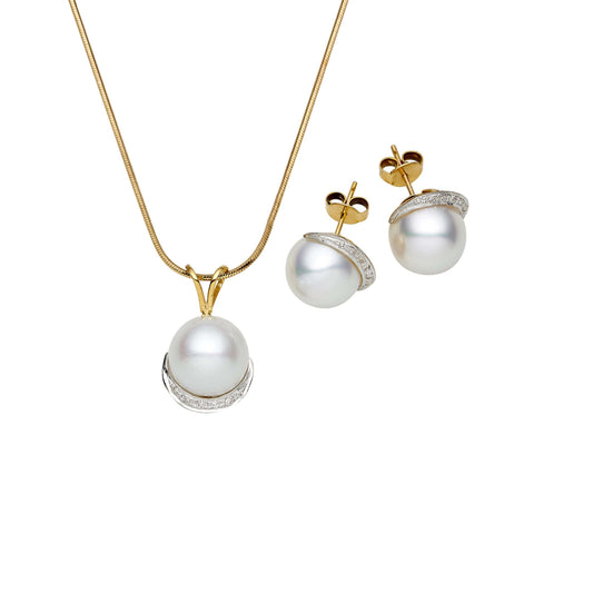 South Sea White Pearls Emu Diamond Set in 14ct Gold Set 13-14 mm AAA-0