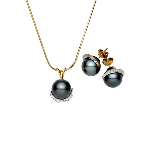 Tahitian South Sea Black Pearls Turramurra Diamond Set in 14ct Gold Set 12-13 mm AAA-0