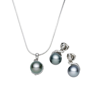 Tahitian South Sea black pearl necklace and earring set