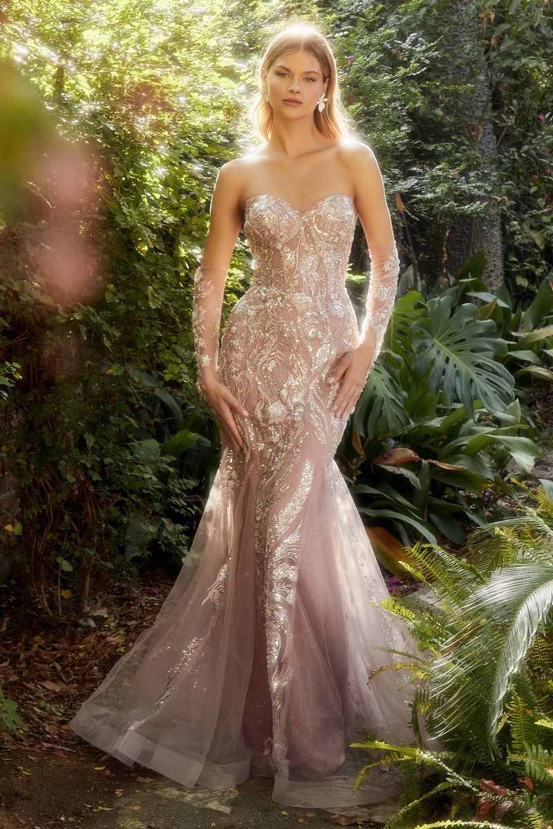 Rose-Tinted Glass Beaded Gown With Matching Gloves-2