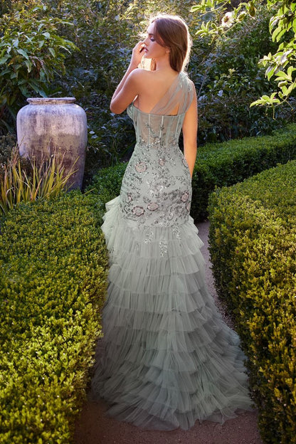 One Shoulder Embellished Layered Tulle Mermaid Gown-1