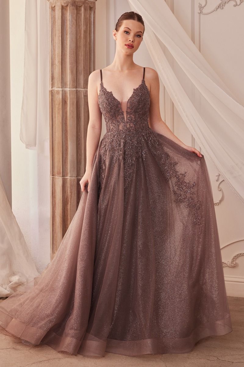 Lace Embellished A-Line Layered Tulle Gown-1