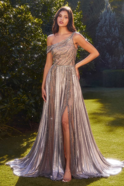 One Shoulder Metallic Pleated Gown-0