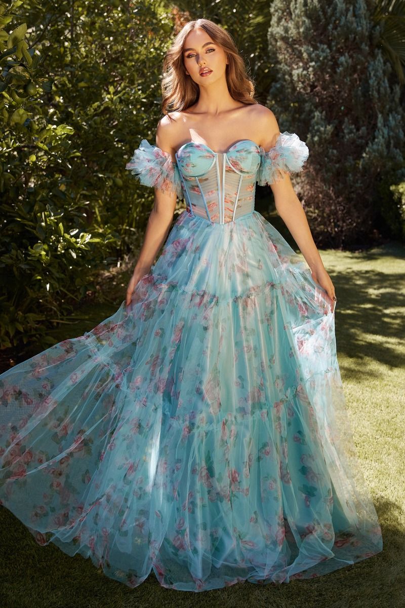 Blue Floral Printed Ball Gown-0