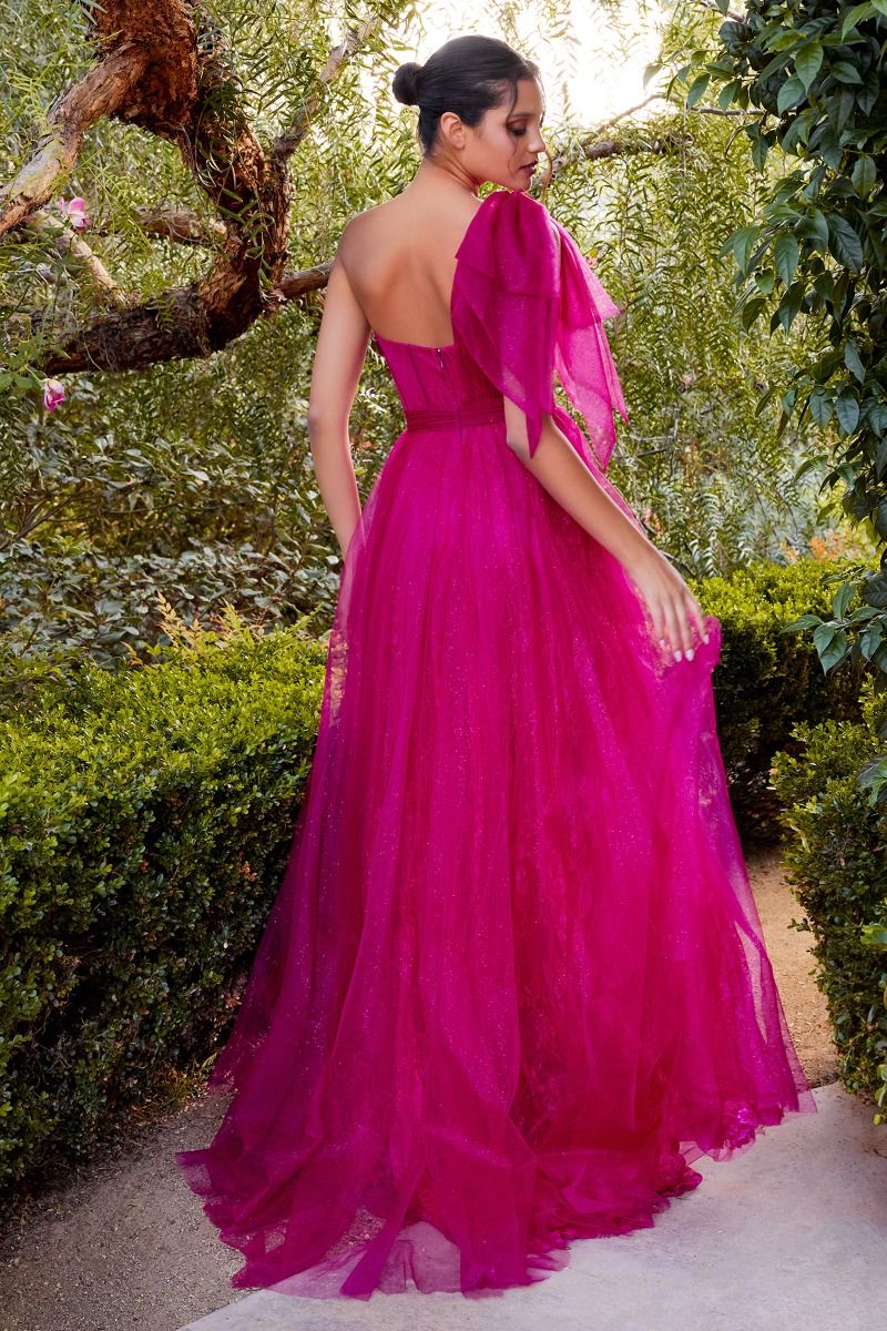 One Shoulder Magenta A-Line Gown-1