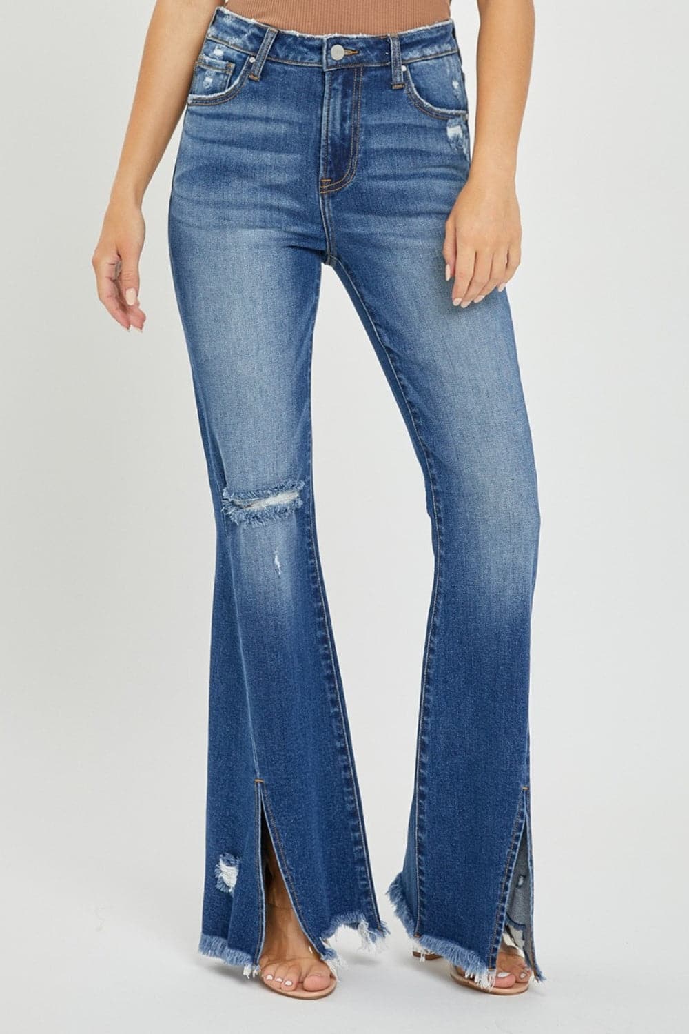 RISEN Full Size High Rise Front Slit Frayed Hem Flare Jeans-3