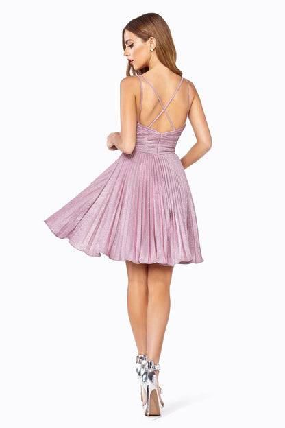 A-Line Short Dress With Pleated Glitter Fabric Details And Criss Cross Back.-4