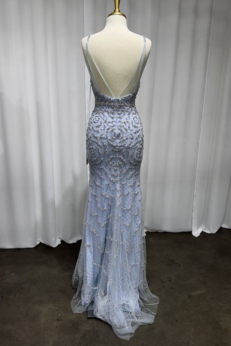 Fitted Beaded Blue Gown-1