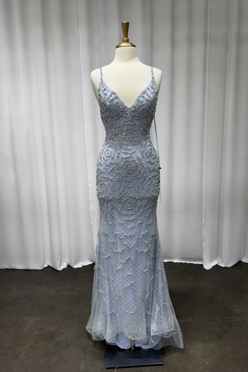 Fitted Beaded Blue Gown-0