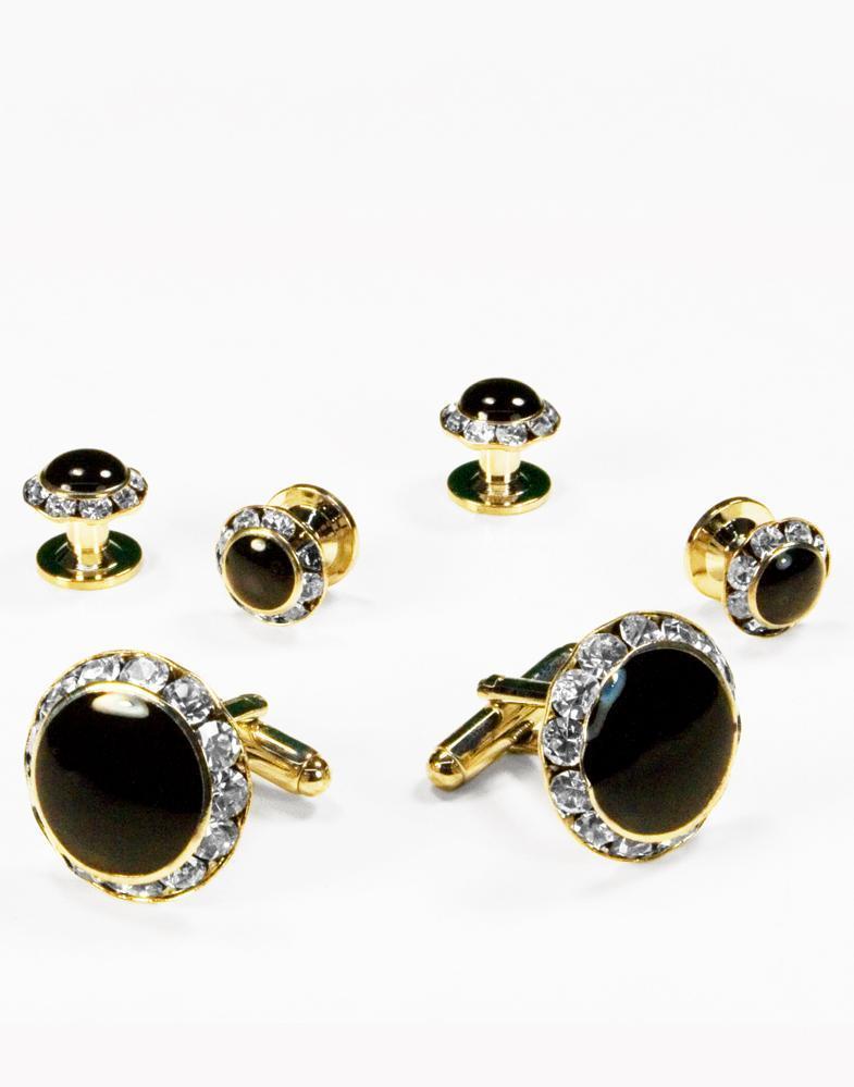 Black Circular Enamel with Rhinestones Gold or Silver Edge Studs and Cufflinks Set-0