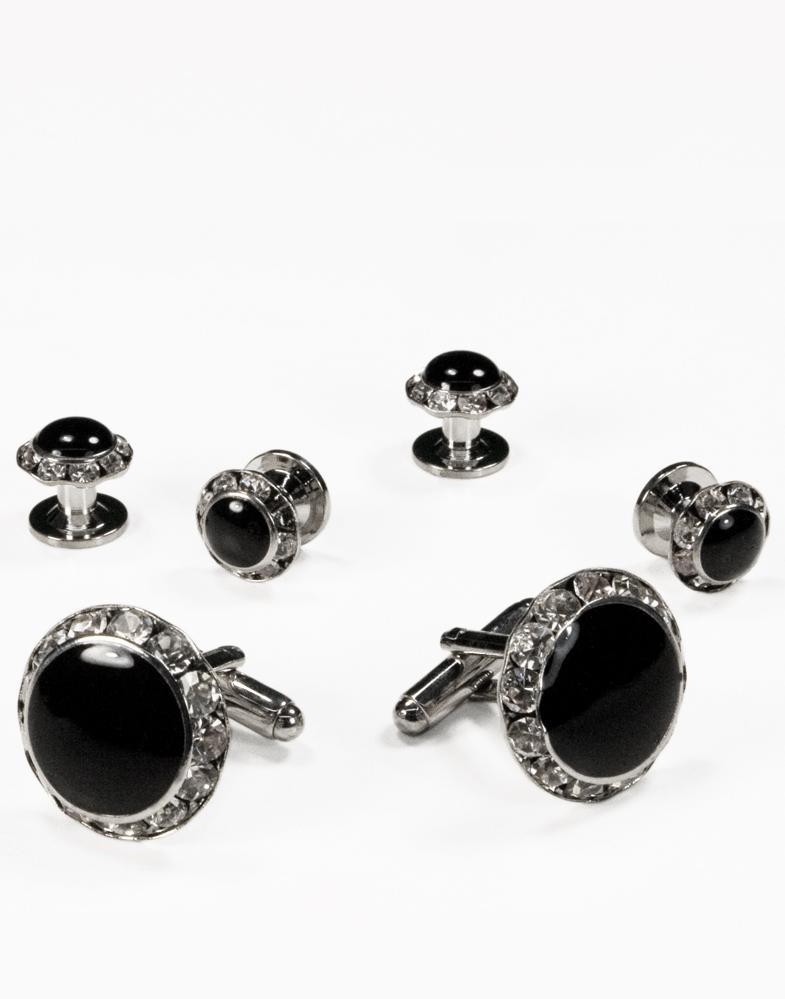 Black Circular Enamel with Rhinestones Gold or Silver Edge Studs and Cufflinks Set-1