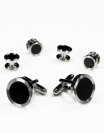 Black Circular Onyx with Gold or Silver Edge Concentric Circles Studs and Cufflinks Set-1