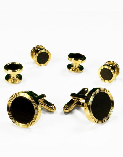 Black Circular Onyx with Gold or Silver Edge Concentric Circles Studs and Cufflinks Set-0