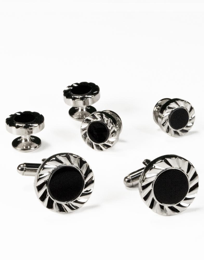 Black Circular Onyx with Gold or Silver Fan Cut Edge Studs and Cufflinks Set-1