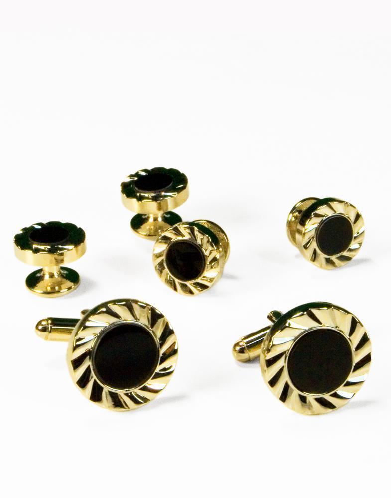 Black Circular Onyx with Gold or Silver Fan Cut Edge Studs and Cufflinks Set-0