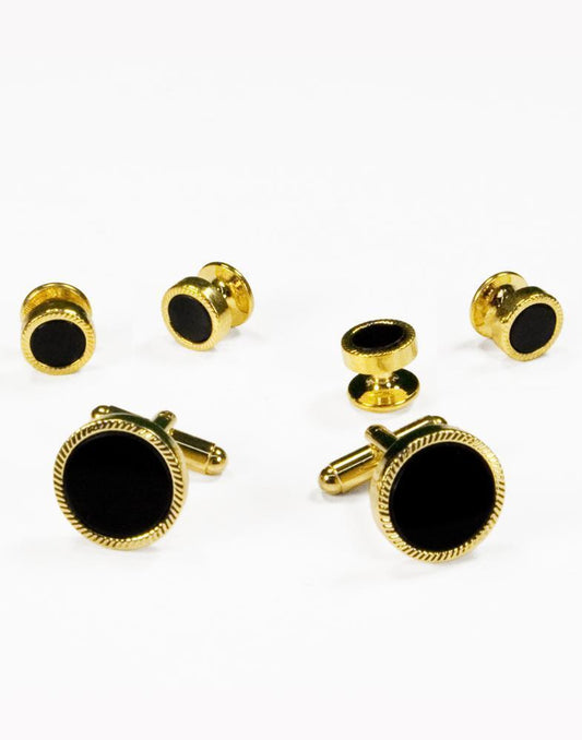 Black Circular Onyx with Gold or Silver Feather Cut Edge Studs and Cufflinks Set-0