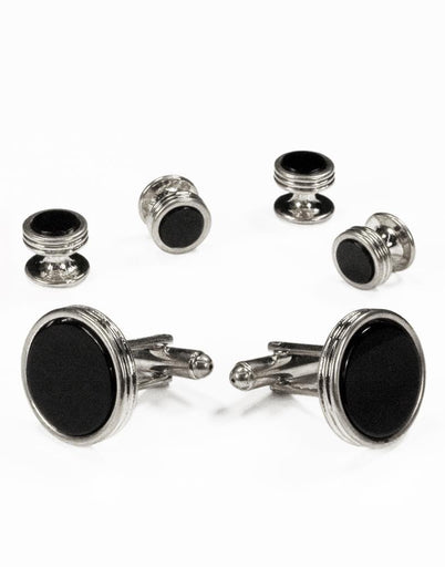 Black Circular Onyx with Silver Concentric Circles Studs and Cufflinks Set-0