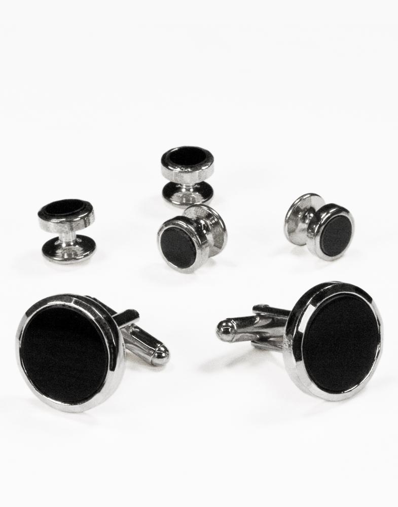 Black Circular Onyx with Silver Facet Cut Edge Studs and Cufflinks Set-0