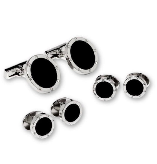 Black Onyx in Silver Screwhead Setting Studs & Cufflinks Set-0