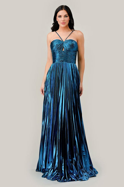 Halter Pleated Lame' Metallic A-Line Gown-0