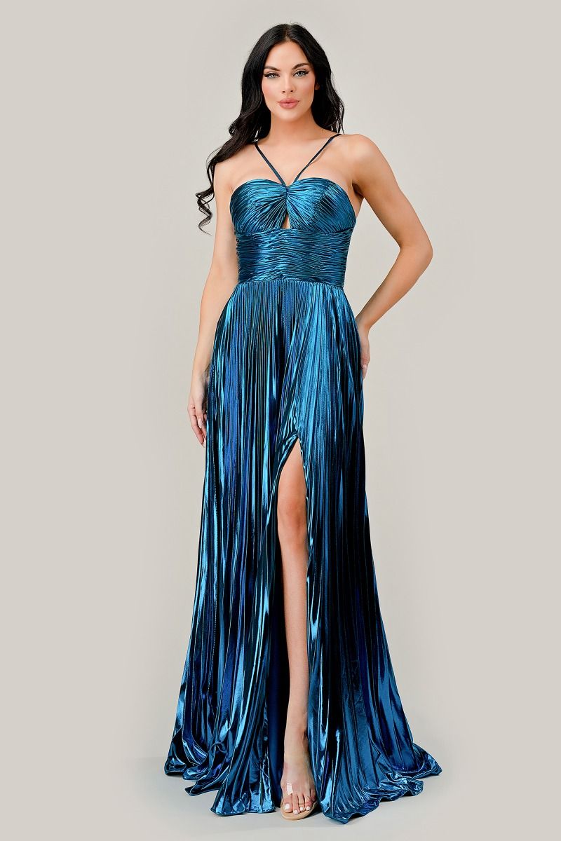 Halter Pleated Lame' Metallic A-Line Gown-4