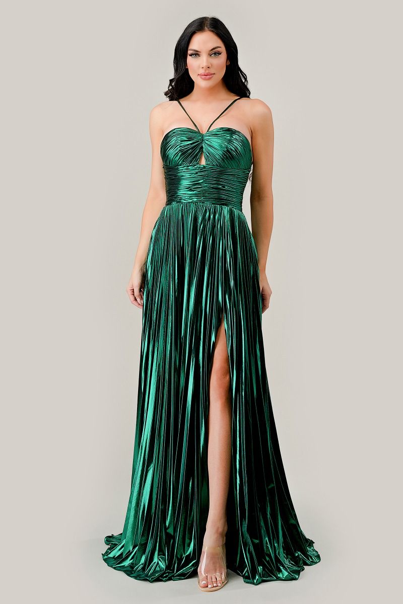 Halter Pleated Lame' Metallic A-Line Gown-3