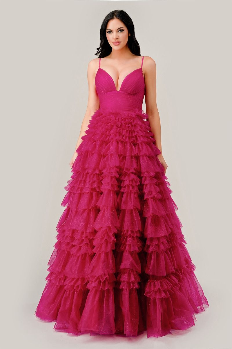 Ruffled Layed Tulle Ball Gown-0