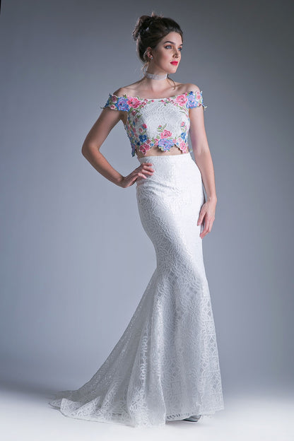 Two piece off the shoulder fitted dress with embroidered floral appliques and lace detailed skirt.-0