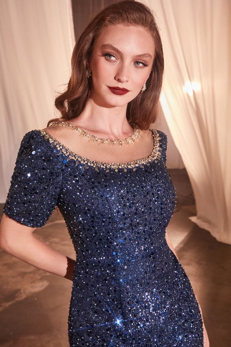 Cap Sleeve Fitted Sequin Gown-3