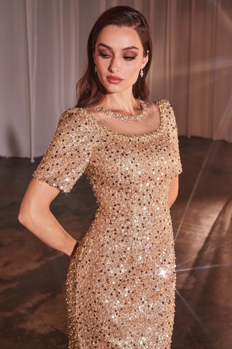 Cap Sleeve Fitted Sequin Gown-1