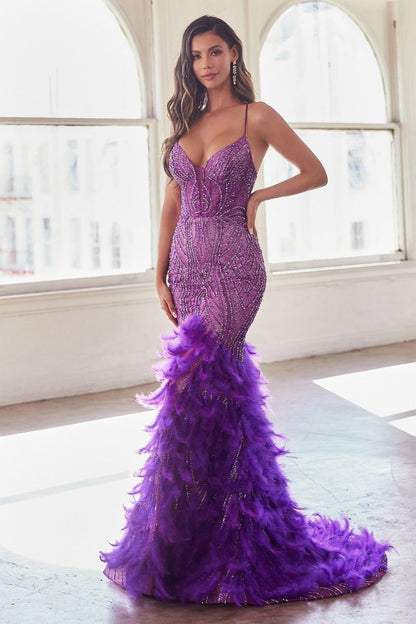 Fully Embellished & Feathered Mermaid Gown-8