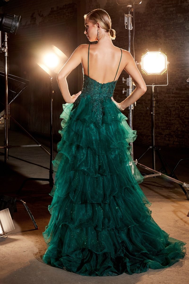 Tiered Emerald Ball Gown with Lace Details-2