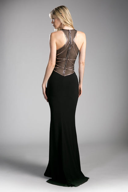 Fitted stretch jersey gown with beaded illusion details and sweetheart neckline.-1