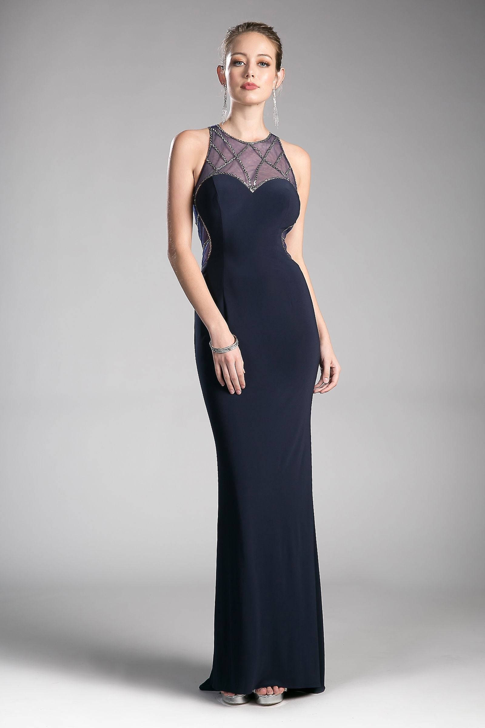 Fitted stretch jersey gown with beaded illusion details and sweetheart neckline.-0