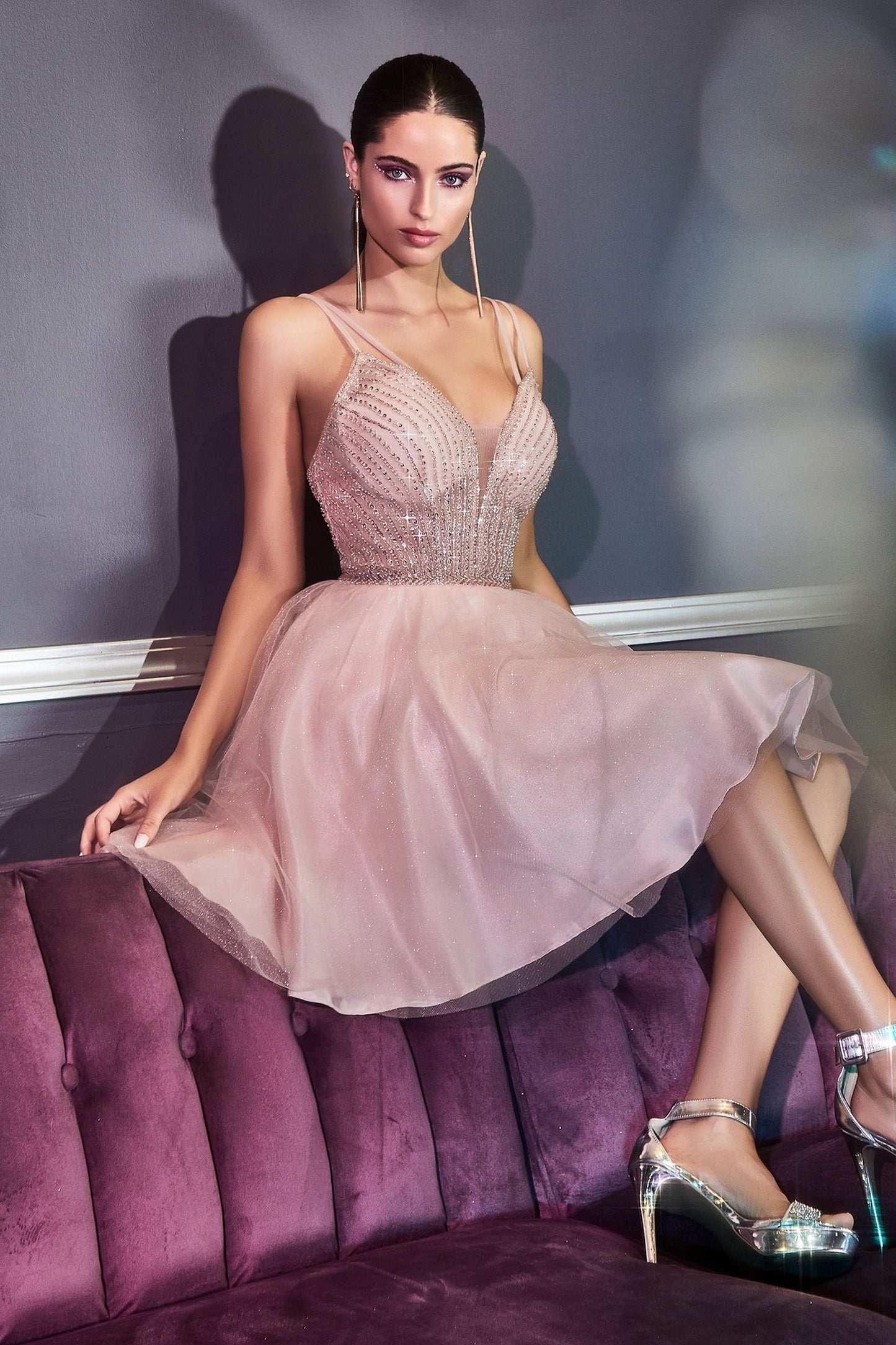 A-Line Short Dress With Embellished Bodice And Layered Tulle Glitter Skirt.-4