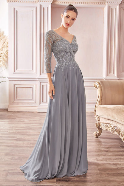 Chiffon A-Line Long Sleeve Gown-0