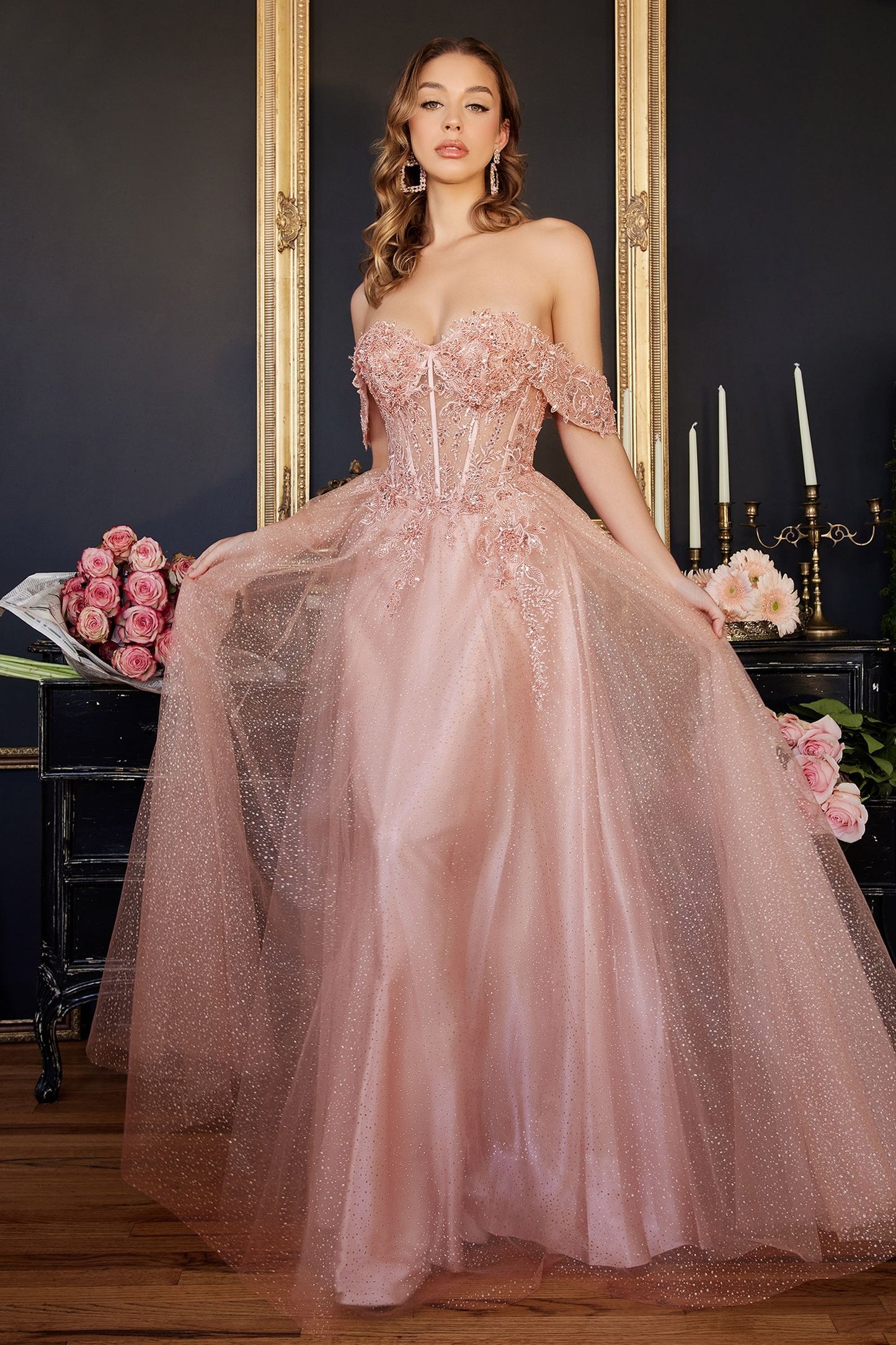 Lace A-Line Gown With Off The Shoulder Sleeves-6