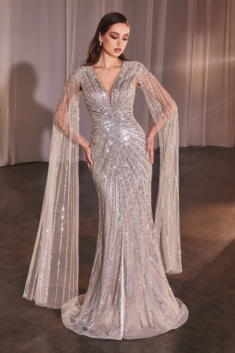 Long Sleeve Fully Beaded Sheath Gown-4